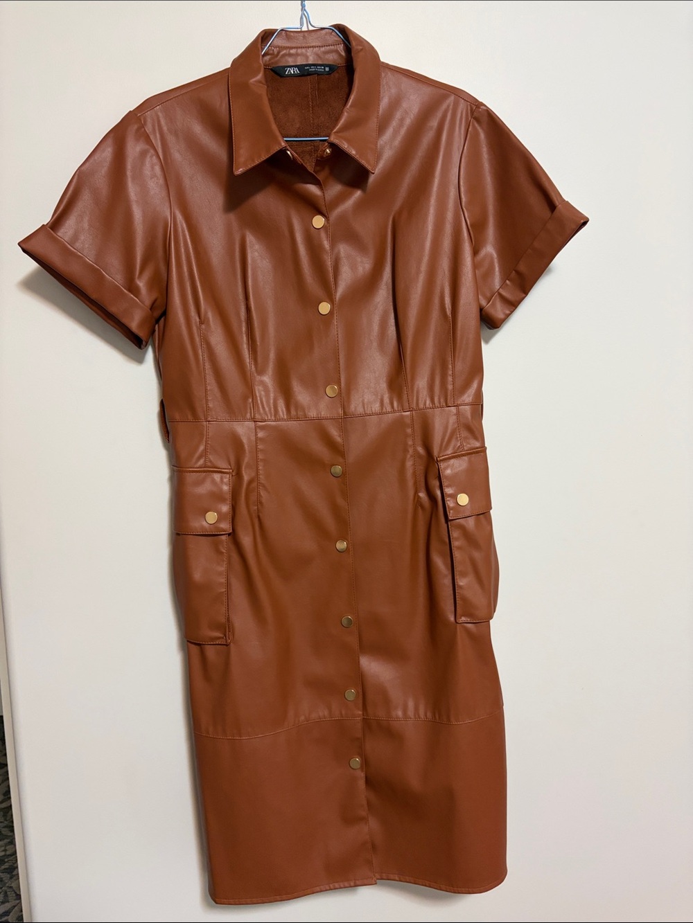 Zara Cognac Faux Leather Short Sleeve Shirt Dress